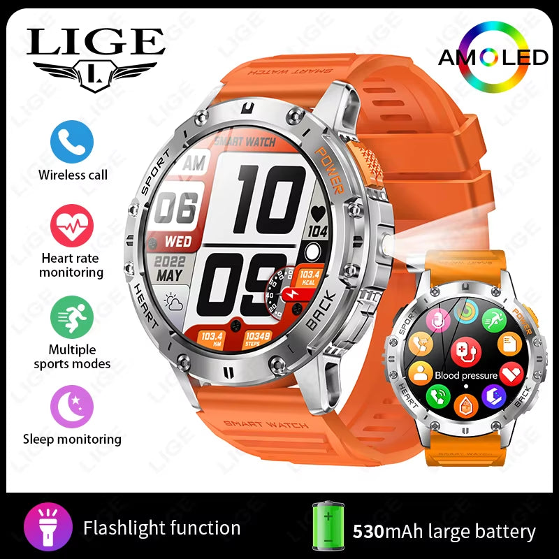 466*466 HD Screen Smart Watch Bluetooth Call Outdoor Sports Men Smartwatch with Flashlight Heart Rate Monitor Remote Camera