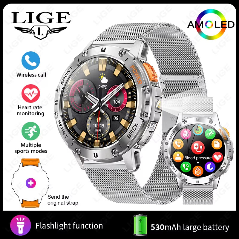 466*466 HD Screen Smart Watch Bluetooth Call Outdoor Sports Men Smartwatch with Flashlight Heart Rate Monitor Remote Camera