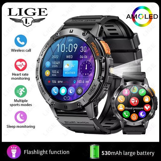 466*466 HD Screen Smart Watch Bluetooth Call Outdoor Sports Men Smartwatch with Flashlight Heart Rate Monitor Remote Camera